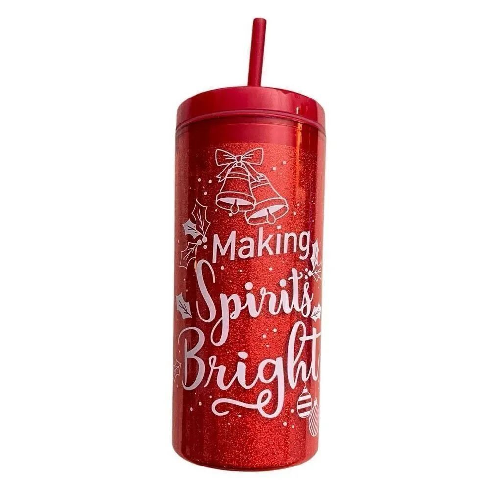 “Making Spirits Bright” Red 16oz Double Wall Holiday Tumbler with Straw
